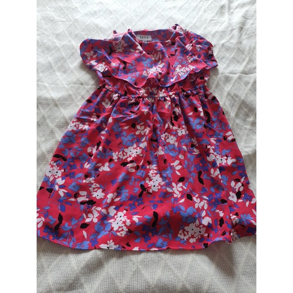 Elle Dress Sleeveless Size M Pink Blue Floral Popover Tiered Flowy Overlay